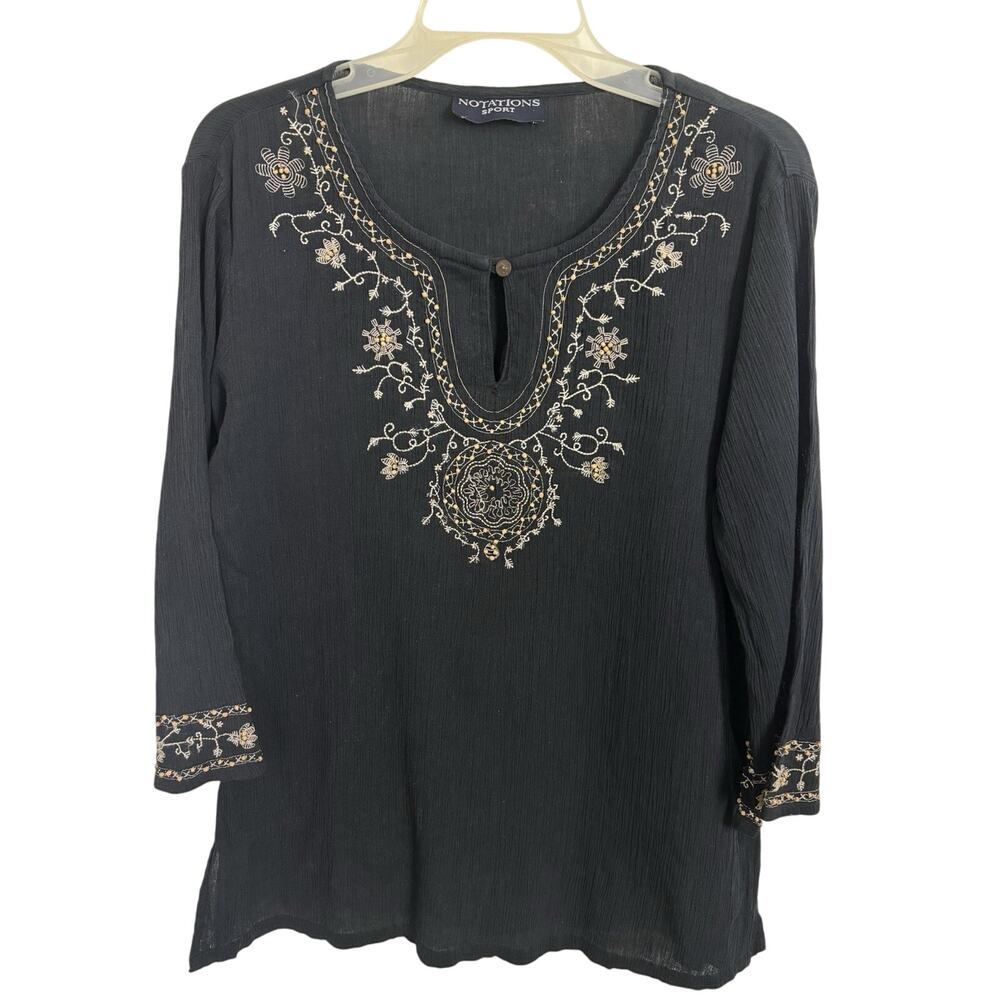 Vtg Black Gauzy Embroidered Beaded 3/4 Sleeve Top Size Medium Boho Indie Peasant